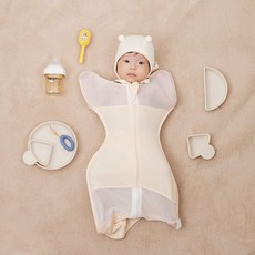 코넘 신생아 속싸개 스와들 메쉬 1+1, 베이지+화이트