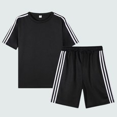 夏季男女運動跑步短袖短褲套裝 三杆條紋 冰絲 透氣 涼爽 大碼寬鬆