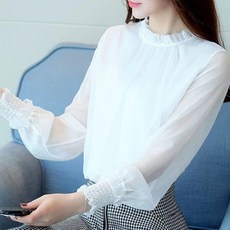 죠니제리 여성 블라우스 쉬폰 시스루 프릴넥 긴팔 하객룩 오피스룩 여리핏 여름
