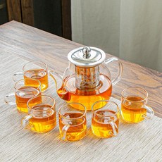 내열유리 우드핸들 거름망 내장 원터치 티메이커 겸용, ., 1L, 680ml 투명 6개