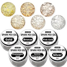 6개 세트 LULUGEL 젤네일 반짝이는 실버 골드 계열 스파크 믹스 젤 대입자 라메 홀로 글리터 포함 3g 전 6종 네일 홀로그램 오로라 클리어 투명 (6점 세트), 1개