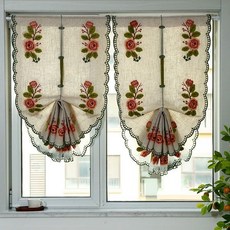 田園美式羅馬簾 飄窗廚房提拉簾 (免打孔安裝), 花季紗（單片穿杆 不含杆）,平鋪 寬度83cm*高度110cm