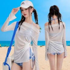 性感分體三件套泳衣 遮肉顯瘦長袖平角褲海邊沙灘度假溫泉泳裝, 8294白藍色【泳衣+防水袋,M碼【建議45.0-50.0公斤】