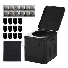 플로우 차량 캠핑 휴대 이동 접이식 변기 + 응고제 +봉투 + 파우치 세트, 1세트, 블랙