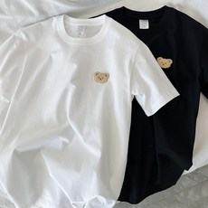 티레오 여성용 반팔티 오버핏 40수 순면 빅사이즈 남녀공용 쿨링 편안한 여름옷 브라운 곰돌이 자수 2컬러 S-3XL