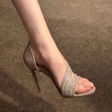 더키 큐빅 하이힐 무대용 스트랩 스포츠 글리터 스틸레토 샌들