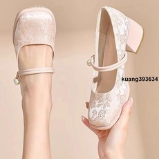 新中式鞋 新中式粗跟高跟鞋 女春秋新款 國風瑪麗珍女鞋 配馬面裙旗袍單鞋, 1個, 粉紅色,35