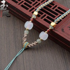 手工編織繩 四股項鍊掛件繩, 秋香綠白珠款 ,63cm, 1個