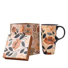 탑 상의adorn 세라믹 여행용 머그 도자기 라떼 티 컵 선물 상자 포함 502.8ml(17온스) 전자레인지 및 식기 세척기 사용 가능 커피 텀블러 꽃 303280