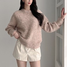 KnitNJean 女款羊毛圈圈紗基本款拉克蘭袖Wellspin圓領針織衫