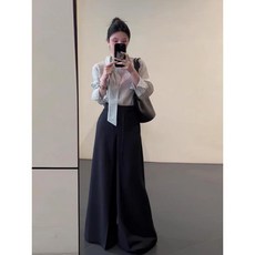 【台灣出貨】條紋襯衫套裝女 春季高級感禦姐風黑色條紋襯衫兩件套裝褲