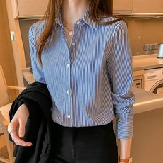 SAHINER 봄가을 여성 캐주얼 스트라이프 루즈핏 긴팔 셔츠 ACS64