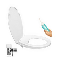 GenieBidet 길쭉한 비데 변기 시트 - T 어댑터 및 병이 있는 이중 노즐 - 조절 가능한 수압 및 천천히 닫히는 비데 시트 배선 및 쉬운 설치, 오른쪽 - 길쭉한 디자인