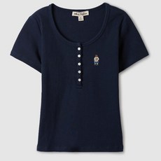 WHO.A.U 短袖短版T恤 鈕扣迷你熊修身上衣 韓系短版設計, A款深藍色-S（台現）, A款深藍色