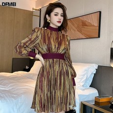 DFMEI 봄 여성 프렌치 디자인 느낌 라운드넥 조거망사 A라인 날씬해 보이는 원피스 30761