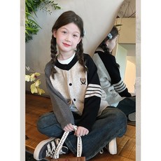 新款可愛童裝 女童毛衣 兒童撞色條紋針織開衫大童裝洋氣韓版毛衣外套女童2025春秋新款