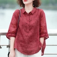 중년여성 50대 시원한 쿨링 티셔츠 봄 여름 반팔 단추 칼라넥 블라우스 40대 통기 얇은 셔츠