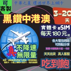 黑鑽系列上網卡 中國、香港、澳門 (含內蒙古/西藏) 5天 不降速無限量吃到飽, A【黑鑽】實體卡,5天  不降速無限量吃到飽