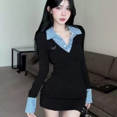 투니스 여성 슬림핏 스플라이싱 투피스 디자인 미니 원피스