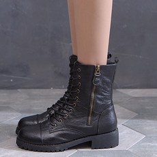 천연소가죽 여성 플랫 워커 부츠 발편한 통굽 워커