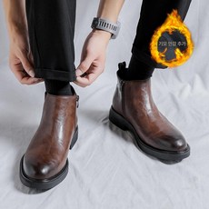남성 앵글 부츠 앵클 남성구두 구두 반부츠 신발 남자 캐주얼 소가죽 키높이 방한화 속굽, 1개, 브라운 플리스 안감