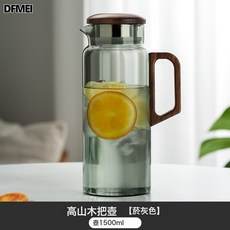 DFMEI 中式冷水壺家用玻璃木把涼水壺水杯耐高溫水壺泡茶壺套裝涼爽冰箱, 1個, 木把直身冷水壺 透黑【可放冰箱】:如圖, 1L