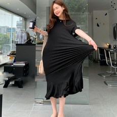 WAWAMOM 여성 빅사이즈 블랙 모달 롱원피스 여자 루즈핏 프릴 롱 원피스 GMA071