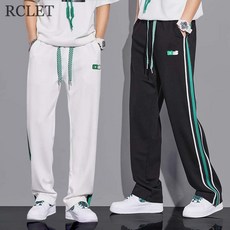 RCLET 남자 바지 여름 얇은 스트라이프 스트링 스판 바지 와이드 일자바지 트레이닝 바지
