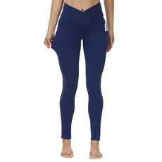 ALONG FIT V 크로스오버 레깅스 여성용 크로스 웨이스트 요가 팬츠 포켓 복부 컨트롤 보이지 않는 운동 레깅스 팬츠-로열 블루