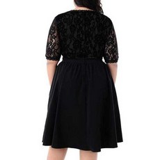 야옹야옹V 목 순수 컬러 레이스 중공 반팔 플러스 사이즈 드레스 여성 하이 웨스트 드레스 Vestidos Para Fiestas Elegante De Fiesta, 검정색, L