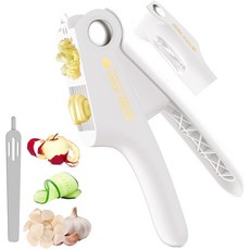 마늘 슬라이서 3 in 1 슬라이스 야채 스위블 필러 클리너가 포함된 프레스 효율적인 매우 얇고 깨끗하게 짜기 쉬운 스테인리스 스틸 블레이드와 튼튼한 ABS 녹색, White, 1개