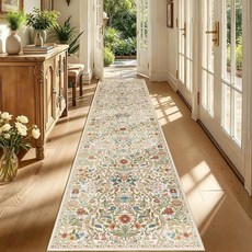 3x12 Washable Runner Rug Black Floral Long Rugs for Hallway Low-Pile Non-Slip Stain Resistant Boho, 베이지/진저