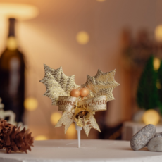 크리스마스 케이크 장식 데코 클레이 리스 토퍼 픽 50개입 대량구매, 50개, 골드리본나뭇잎(LF-02)