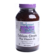 Bluebonnet 檸檬酸鈣&維他命D3補充錠 無麩質, 180顆, 1罐