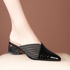 핫픽스 큐빅 하이힐 데일리 블로퍼 여성 스틸레토힐 펀칭 망사 데이트 통굽 시스루