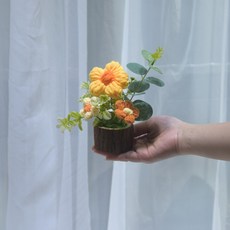向日葵鈴蘭花小盆栽手工編織仿真花毛線花汽桌面擺件成品伴手禮物, 127盆栽泡芙黃色, 1個