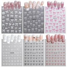 DEVENTORZ 네일 스티커 리본 네일 스티커 나비 매듭 6점 세트 크리스탈 리리프 5D 입체 귀여워 주비로 심장 라핑 리본 버터플라이 블랙 화이트 레드 네일 스톤 네일 데코레이