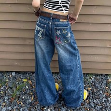 해피유통 여성용 넓은 굽 데님 팬츠 빈티지 스타일 자수 장식