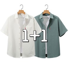 큰귀멍멍 남자 오버핏 셔츠 무지 링클프리 캐주얼 반팔셔츠 1+1