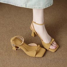 여성 여름 샌들힐 패션 프렌치 스퀘어토 일자 스트랩 샌들 캐주얼 여자 하이힐 샌들 JS