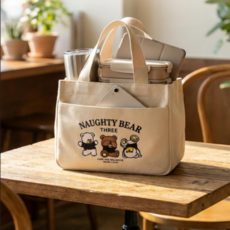 모아담 곰돌이 보조가방 런치백 서브백 직장인 피크닉 도시락가방 미니도시락가방, 아이보리, 1개