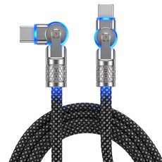 60W 180도 회전 라이트 C to C 고속 충전 패브릭 케이블, 1개, 블랙, 2m