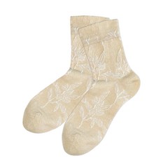 [LINEN & BASIC] 리넨의 느슨한 양말 리프 무늬 레이디스 양말 대마 리프 베이지