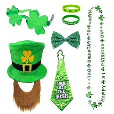 JFBNXB 레프리콘 코스튬 성인 남성용 성 패트릭의 날 파티 코스튬 세트 수염 모자 나비 넥타이 안경 목걸이 팔찌 2개 테마 및 아일랜드 축하에 적합 7