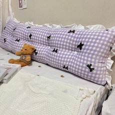 핑크 리본 체크 등받이 롱 프릴 쿠션 헤드 침대, 퍼플 보우노트 밀크 벨벳