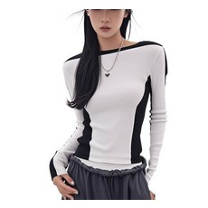 Wiseha 사계절 여성 패션 슬림핏 상의 여성복 배색 디자인 모달 원단 일자넥 긴팔 슬림 티셔츠 여성 날씬해 보이는 이너 트레이닝 아웃도어 골프 상의