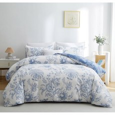 퀸 화이트그린 플라워 이불커버 식물무드 봄감성 침구 3종, White Blue Floral, Queen
