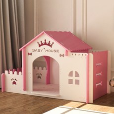 강아지 고양이 겸용 실내 원목 플라스틱 하우스 친환경 방수 반려동물 집 소형견 고양이 숨숨집 반려견 하우스 초코펫하우스 디자인, 1개, 핑크와 화이트 빌라(베개 포함) (기본 크라운 모양