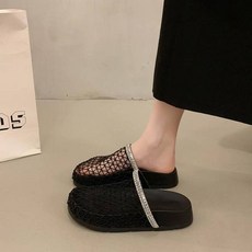 厚底拖鞋時尚涼拖舒適透氣涼鞋女夏季寬楦舒適運動拖鞋增高防滑耐磨厚底涼鞋韓國黑色輕量透氣涼拖鞋一腳蹬懶人鞋娃娃鞋厚底鞋沙灘鞋女涼鞋防臭涼鞋編織涼鞋, 39, 一字鉆款