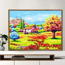 【TangZhen】유화그리기 유화그리기세트 디지털 유화 풍경 지중해 대폭 거실 야색 디지털 채색 손그림 장식화 호숫가 별장, 40*50 어셈블리 외곽선(색상 노트) 추가, 174 화향, 1개